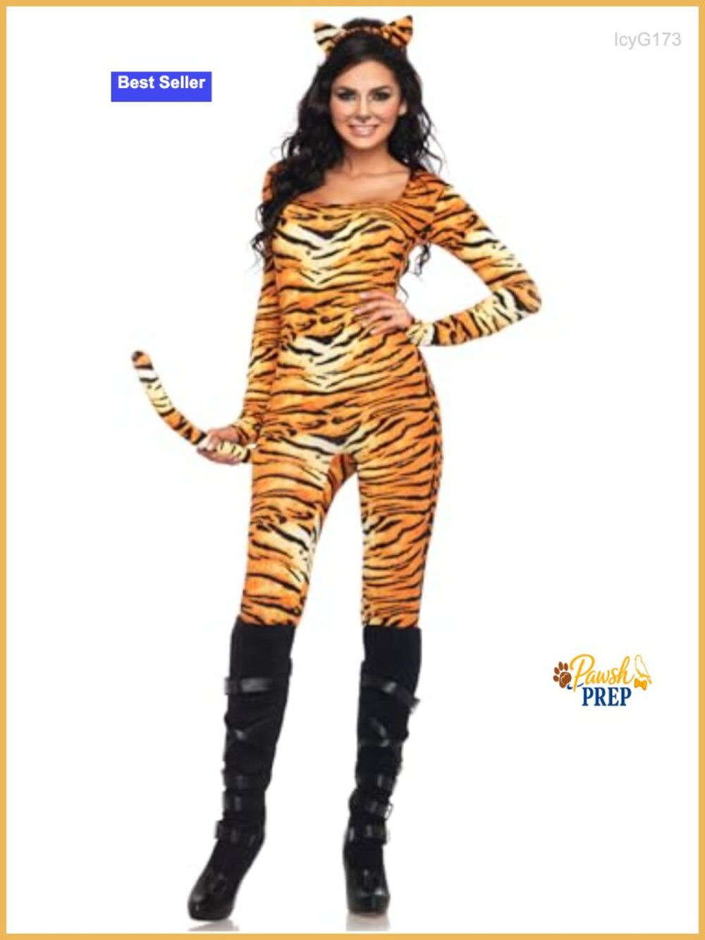 Tiger Print Spandex Catsuit Costume with Tail & Headband